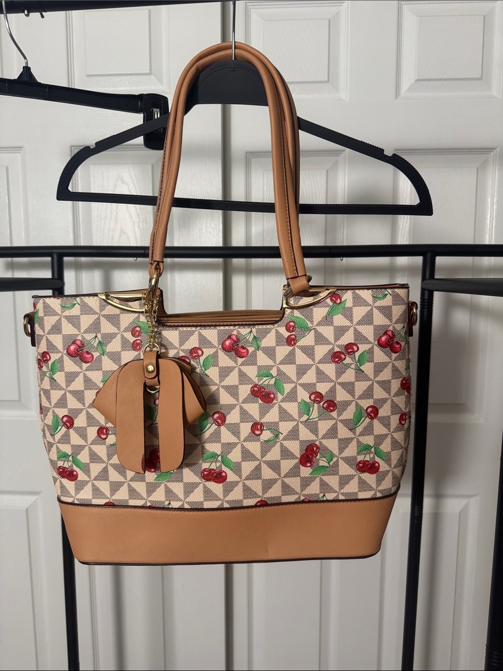 Tan and Cream Cherry Print Tote Bag